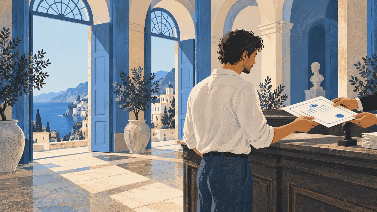 Man receiving an official certificate at an Italian office counter, carichi pendenti and casellario giudiziale