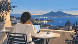 Woman reviewing an unpaid invoice on her laptop on a terrace overlooking Naples and Vesuvius