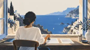 Woman stamping official documents at a desk overlooking the Amalfi Coast, sworn translation in Italy