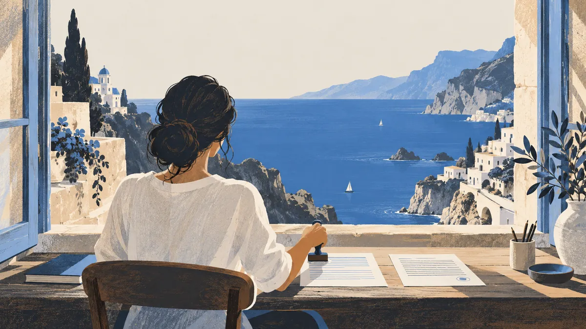 Woman stamping official documents at a desk overlooking the Amalfi Coast, sworn translation in Italy